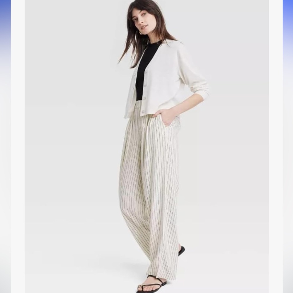 Linen High-Rise Wide Leg Fluid Pants (Cream/Black Pinstripe)